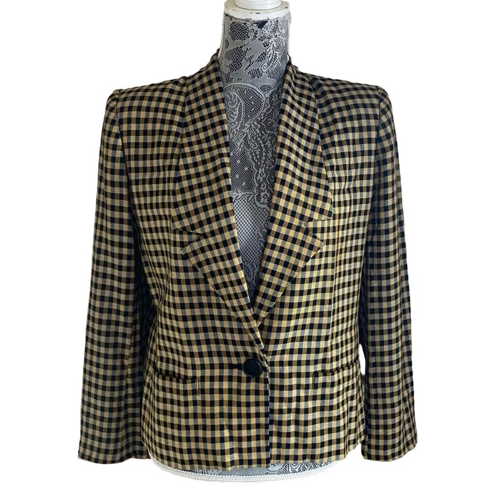 Vintage 90s Kasper for A.S.L. Plaid Blazer Yellow Black